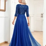 Three-Quarter Sleeve Evening Dress with Sequin Bodice and Tulle Skirt — Image 2
