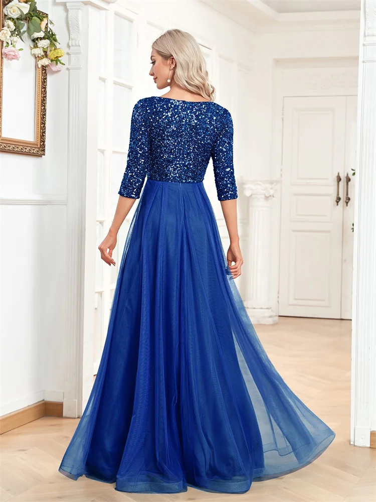 Three-Quarter Sleeve Evening Dress with Sequin Bodice and Tulle Skirt