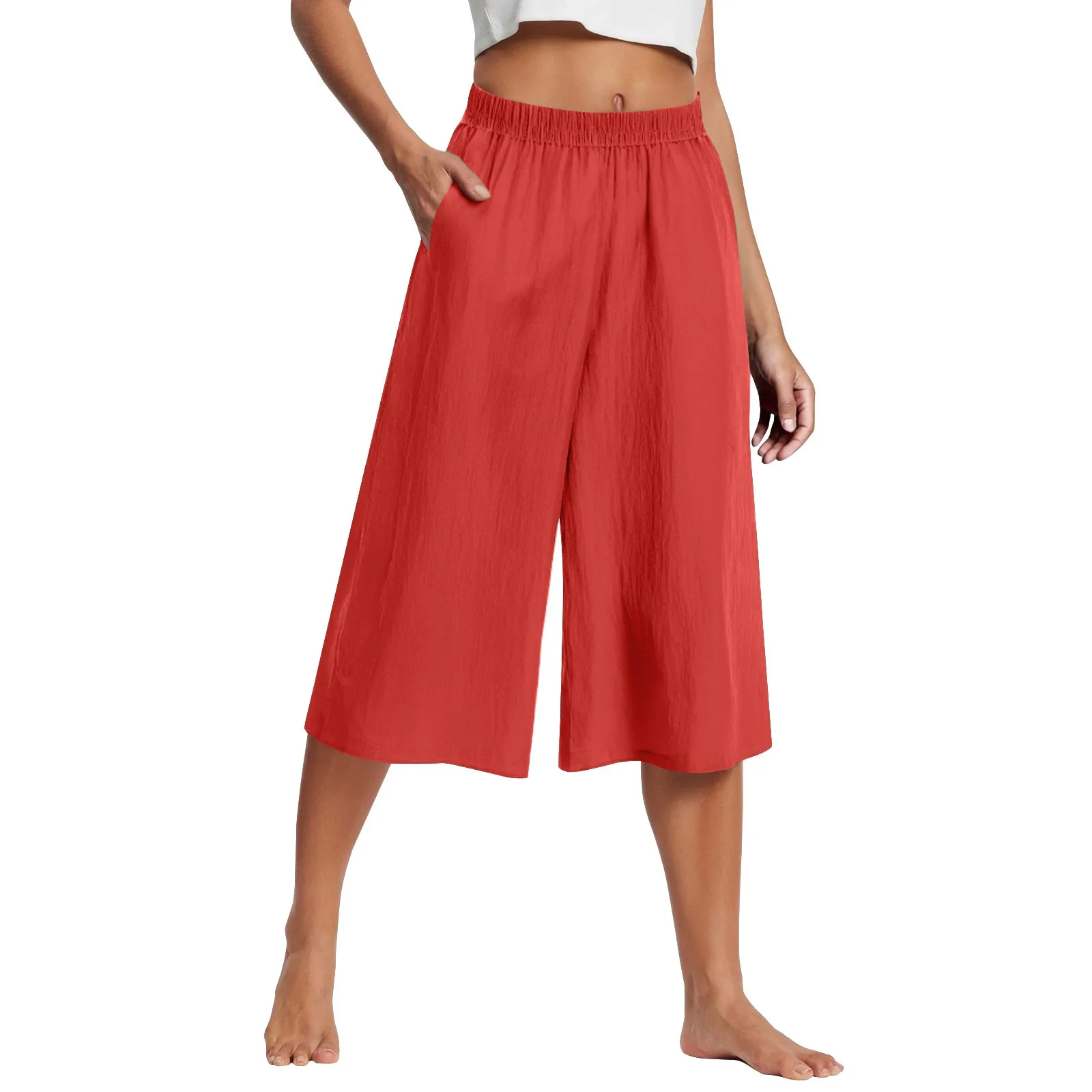 Ankle-Length Wide-Leg Pants with Elastic Waist and Side Pockets