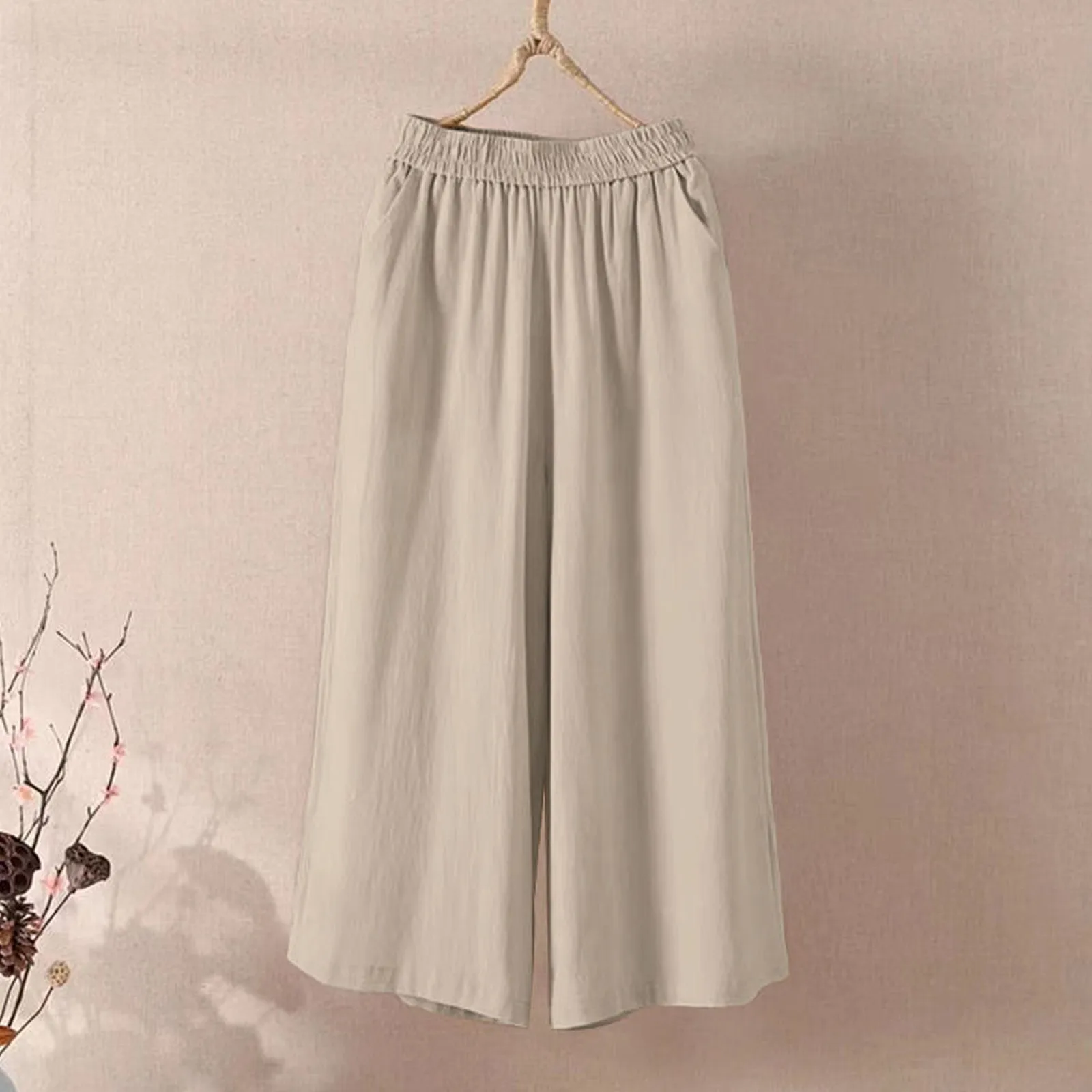 Ankle-Length Wide-Leg Pants with Elastic Waist and Side Pockets