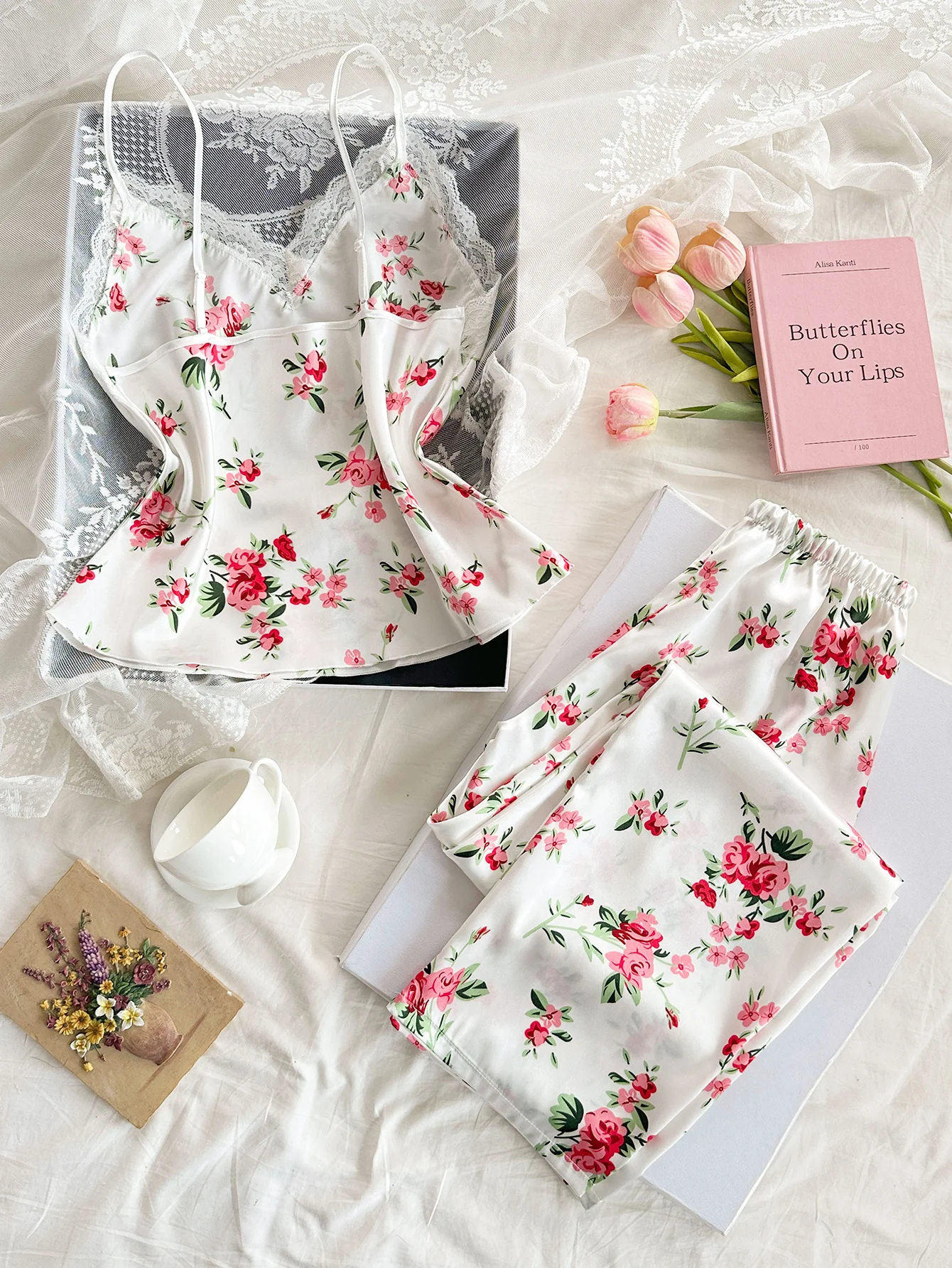 2-Piece Satin V-Neck Set with Lace Accents