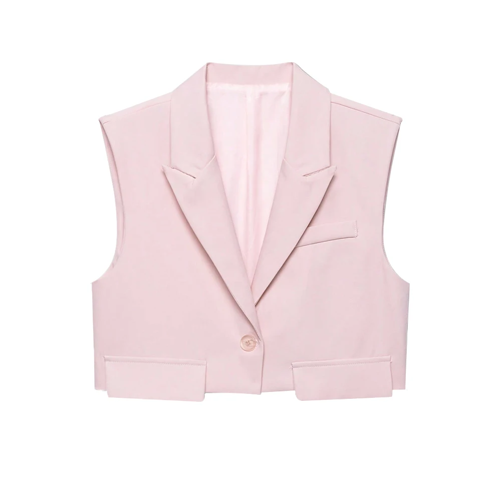 Cropped Sleeveless One-Button Vest with Turn-Down Collar