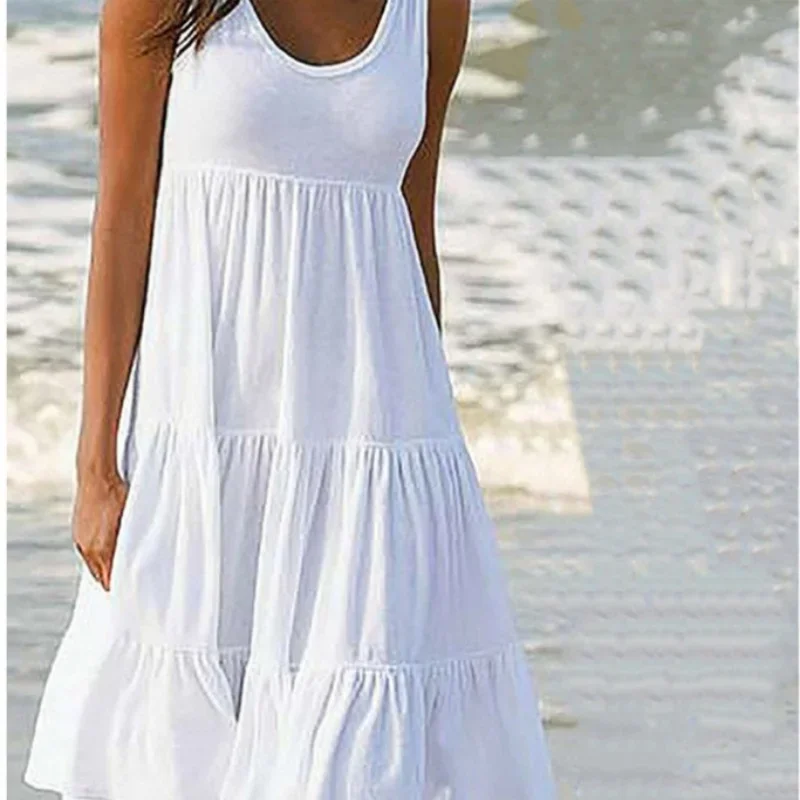 Short Boho Dress with Ruffles and Round Neck