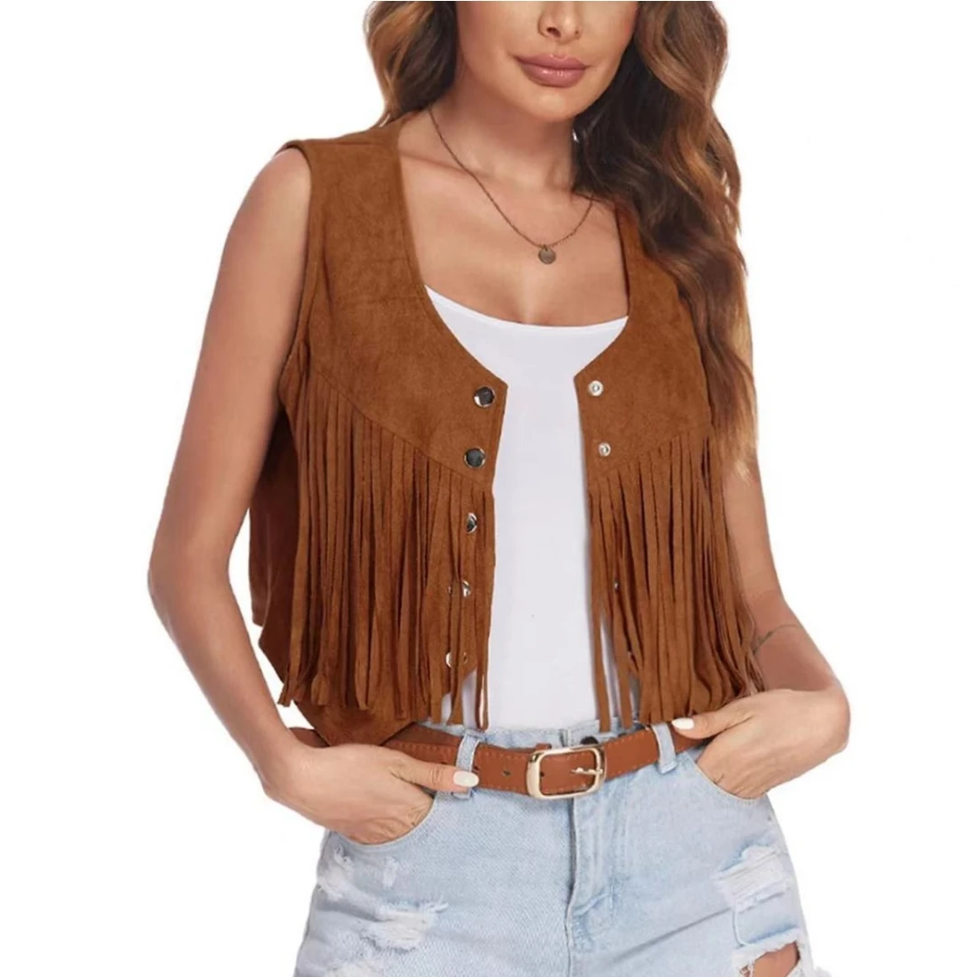 Suede-Feel Vest with Fringe and Studs