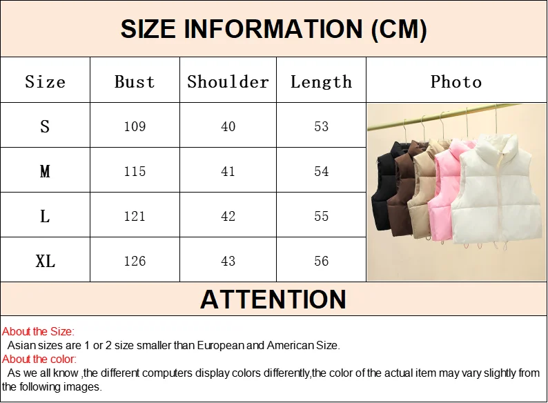 Cropped Winter Stand Collar Vest with Front Zipper