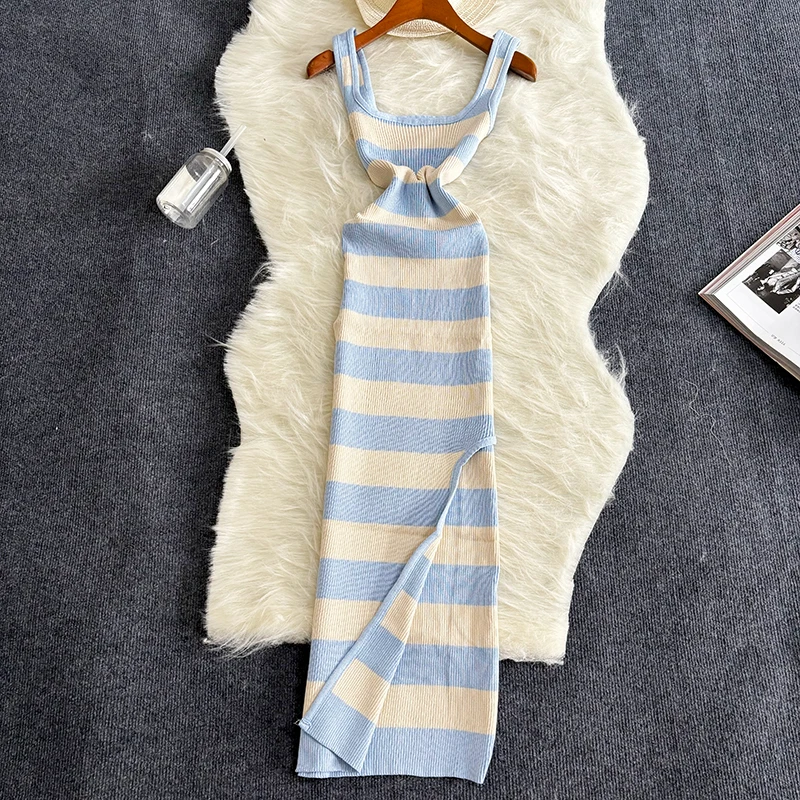 Slim-Fit Striped Summer Dress with Slit
