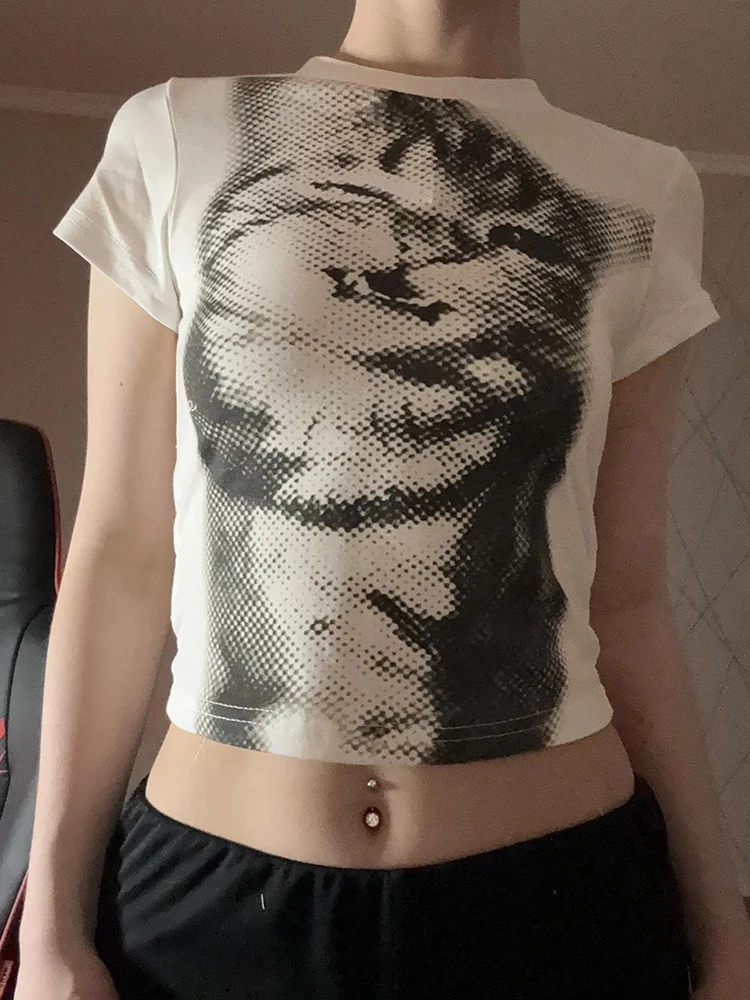 White Cropped Animal Print T-Shirt