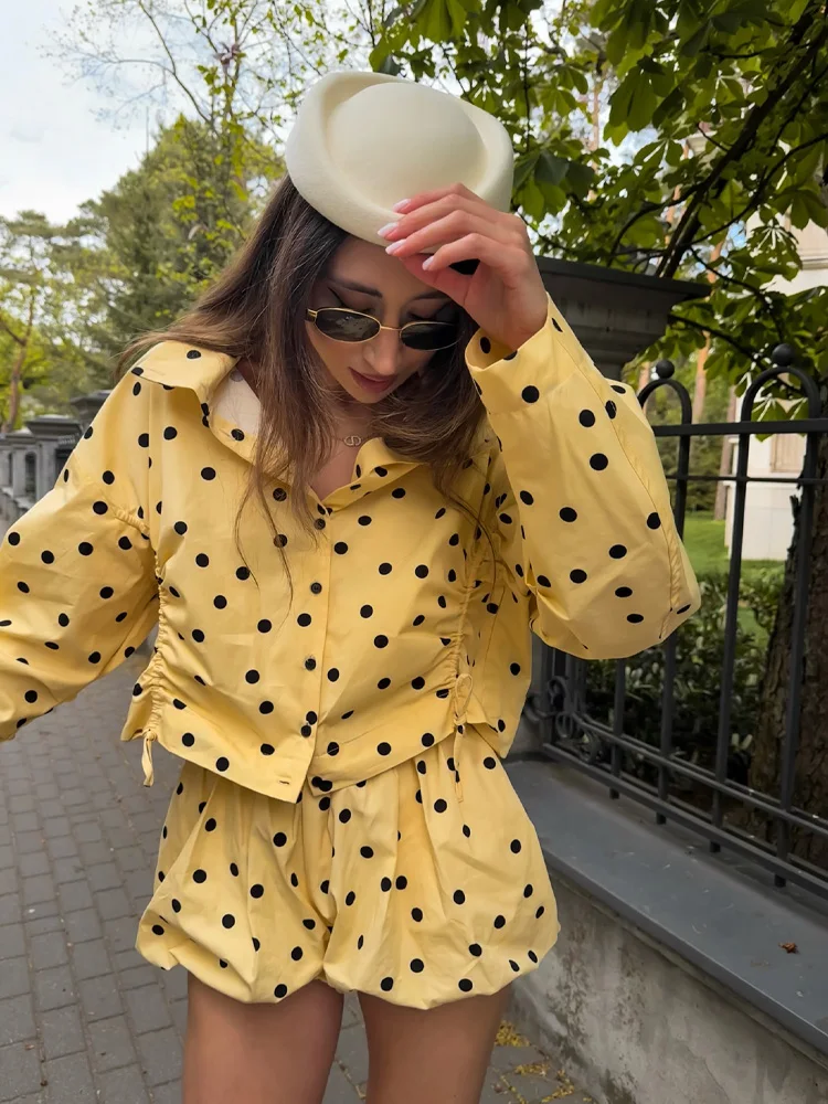 Polka Dot Set: Stand Collar Top and Pleated Shorts
