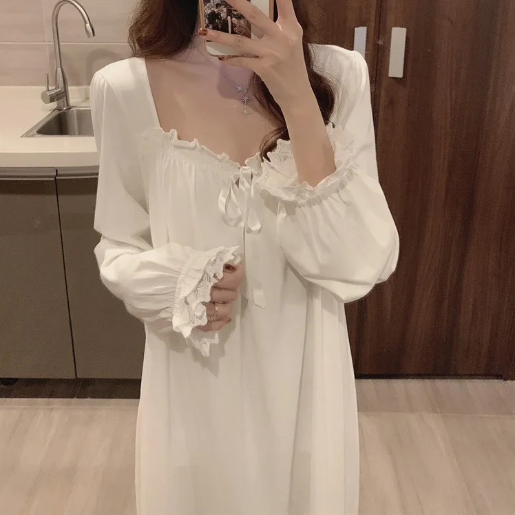 Long Full-Sleeve Nightgown with Lace Trim