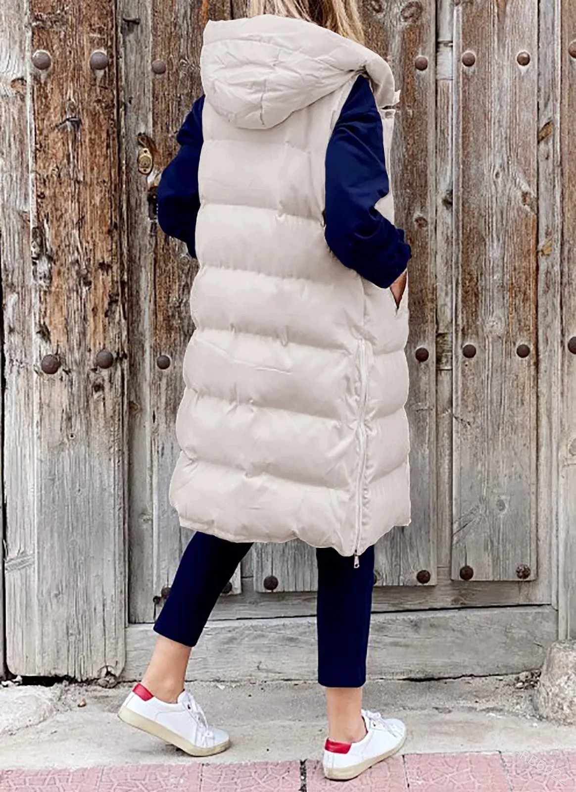 Long Winter Hooded Zip-Up Vest with Side Pockets