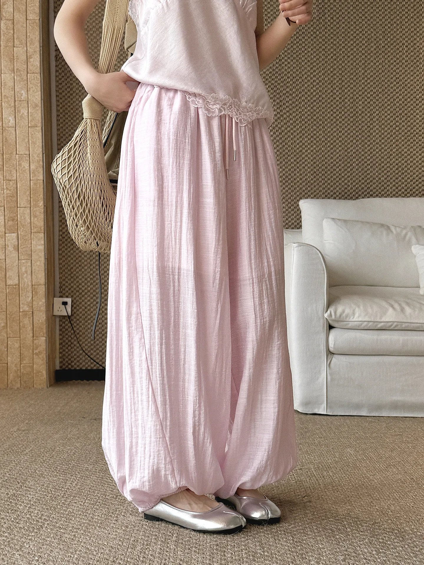 Ankle-Length High Waist Wide-Leg Pants with Tie