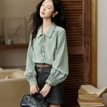 Vintage Lace-Up Blouse with Bow