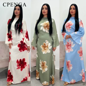 عباية ماكسي بأكمام جرس ونقشة زهور