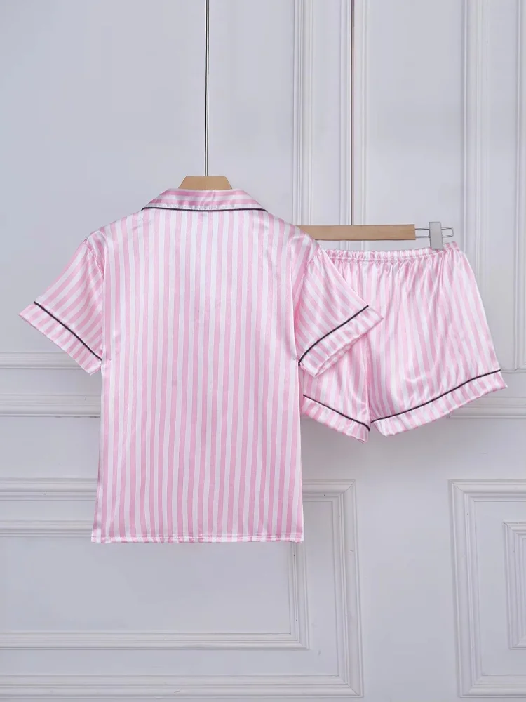 Striped Pajama Set with Embroidery and Pocket