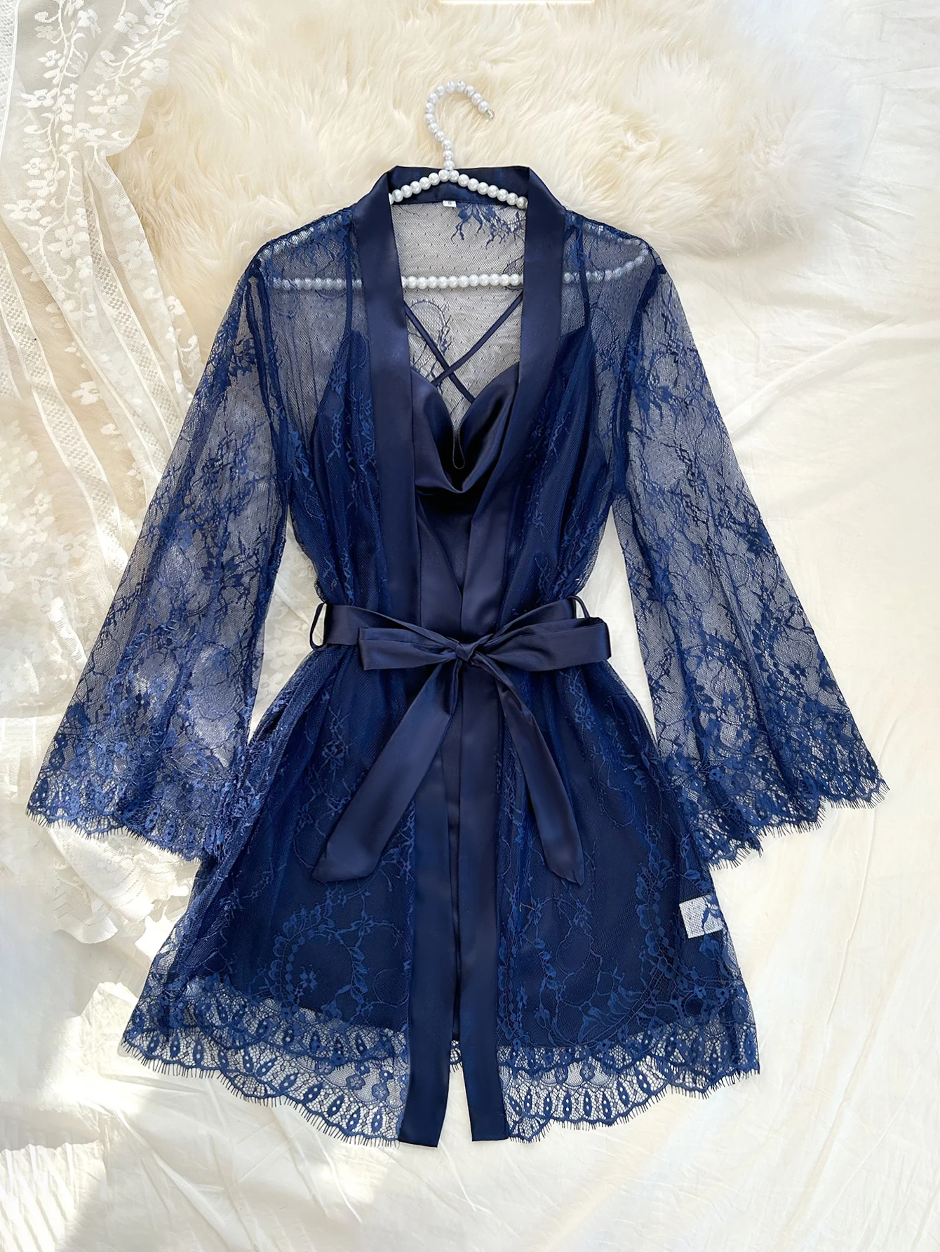 Sleep Set with Strappy Nightgown and Light Lace Robe