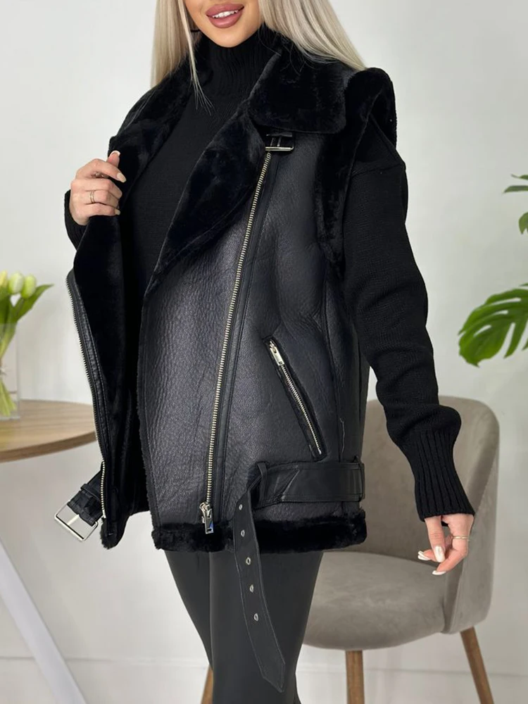 Faux Fur Vest with Turn-Down Collar and Zip Closure