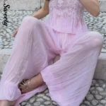 Lace Set with Strappy Top and Wide-Leg Pants