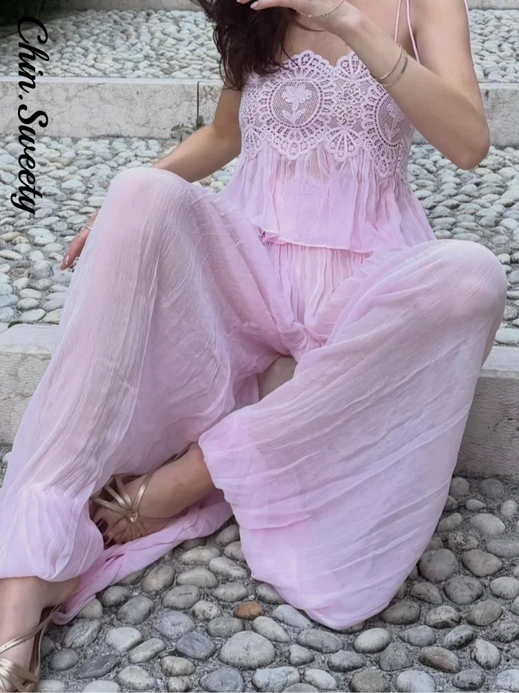Lace Set with Strappy Top and Wide-Leg Pants