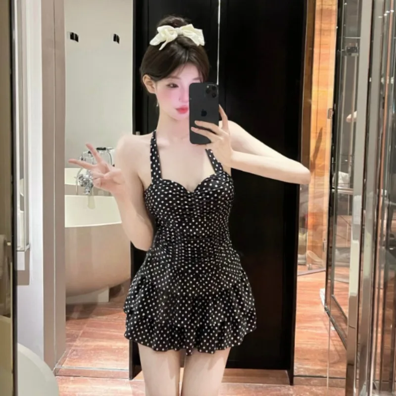 Women's Polka Dot Swimsuit with Tie Neck