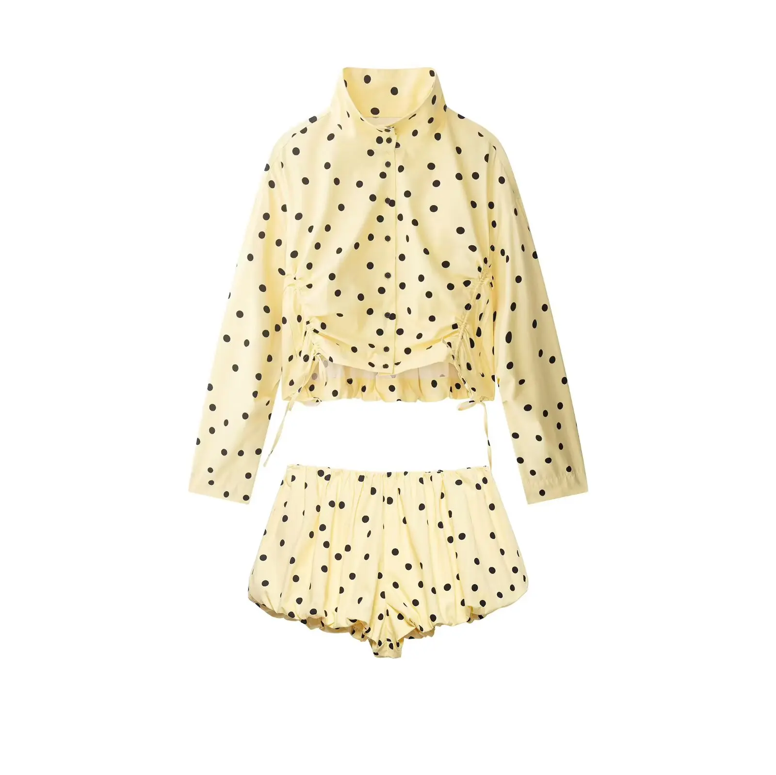 Polka Dot Set: Stand Collar Top and Pleated Shorts