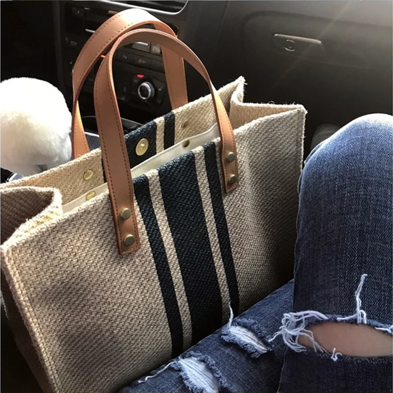 Large-Capacity Striped Canvas Tote Bag — Image 29
