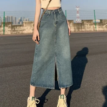 Denim High-Waisted Skirt with Slit