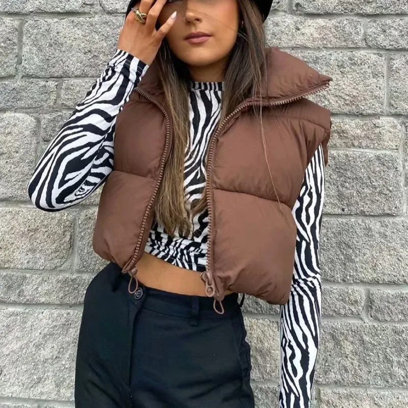 Cropped Winter Stand Collar Vest with Front Zipper