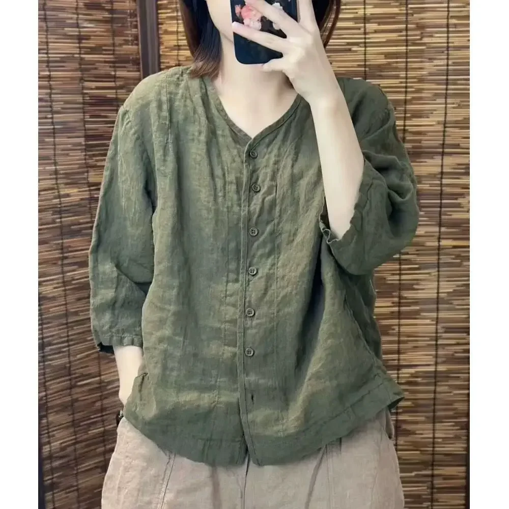 Casual Loose V-Neck Shirt with Buttons — Image 12