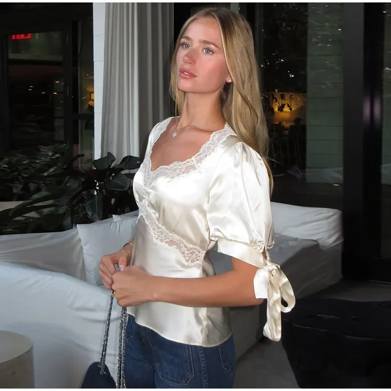 Short Sleeve T-Shirt with Lace Details and Waist Tie