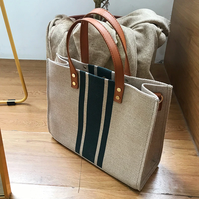 Large-Capacity Striped Canvas Tote Bag — Image 20
