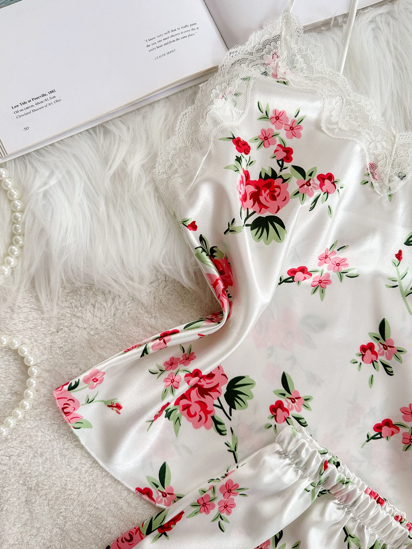 2-Piece Satin V-Neck Set with Lace Accents