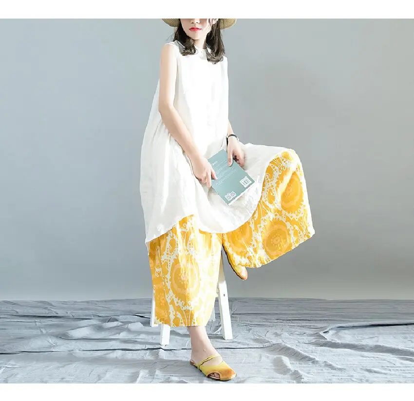 Ankle-Length Printed Wide-Leg Pants with Elastic Waist