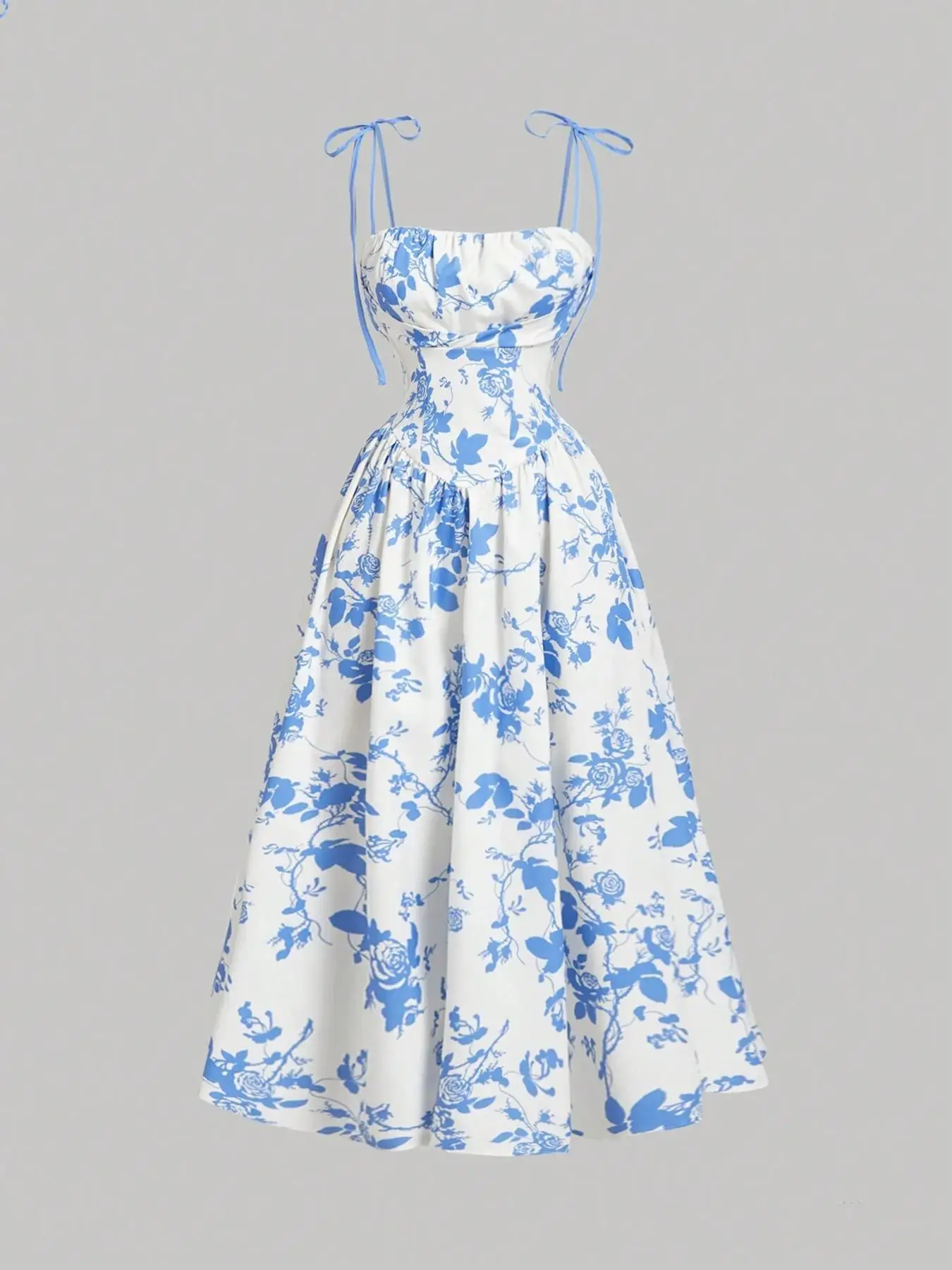 Floral Flared Midi Dress with Spaghetti Straps