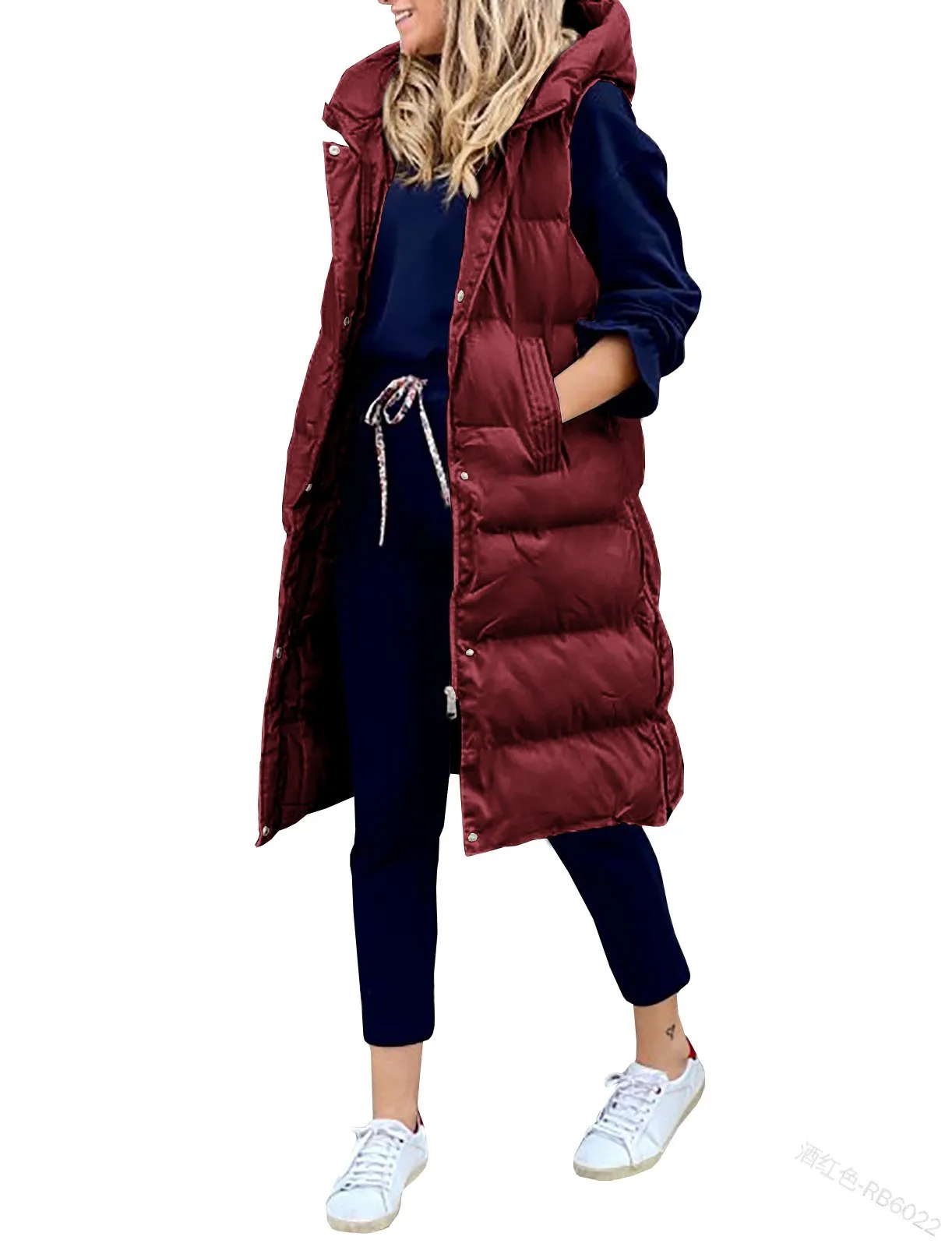 Long Winter Hooded Zip-Up Vest with Side Pockets