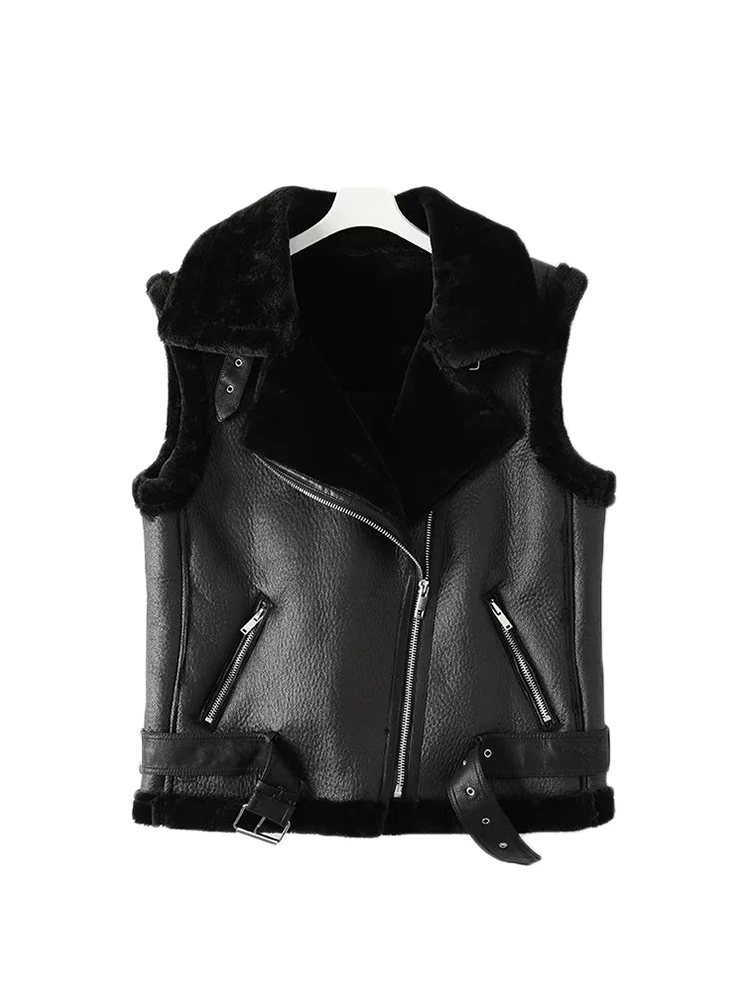Faux Fur Vest with Turn-Down Collar and Zip Closure