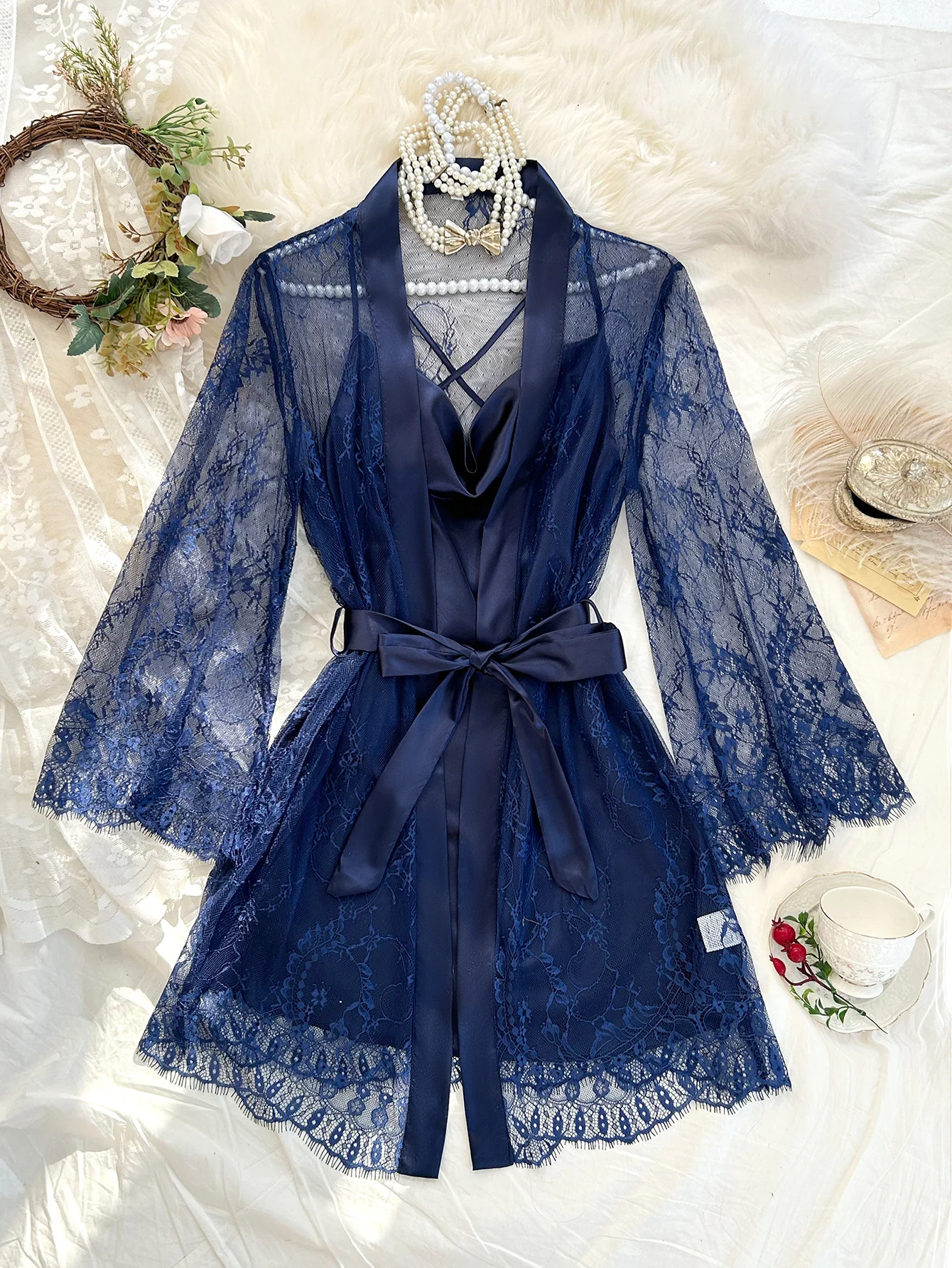 Sleep Set with Strappy Nightgown and Light Lace Robe