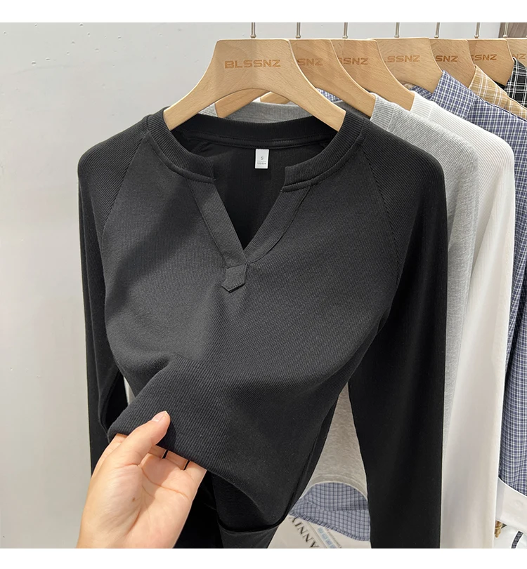 Slim-Fit Long Sleeve V-Neck T-Shirt — Image 24