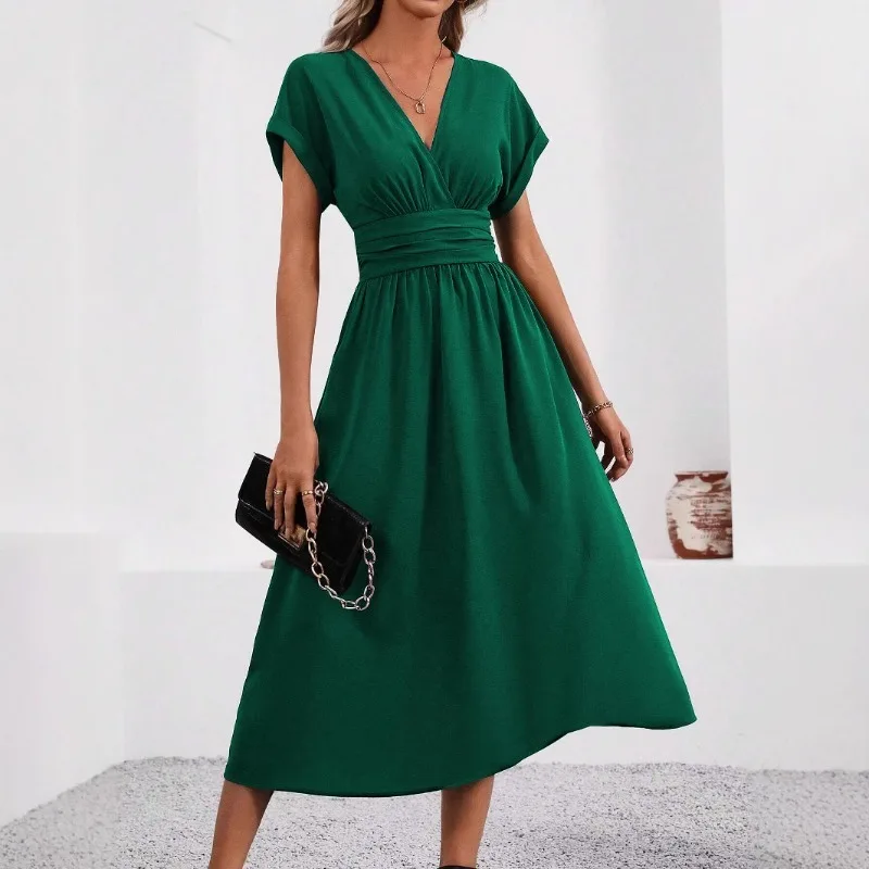Solid V-Neck Summer Dress