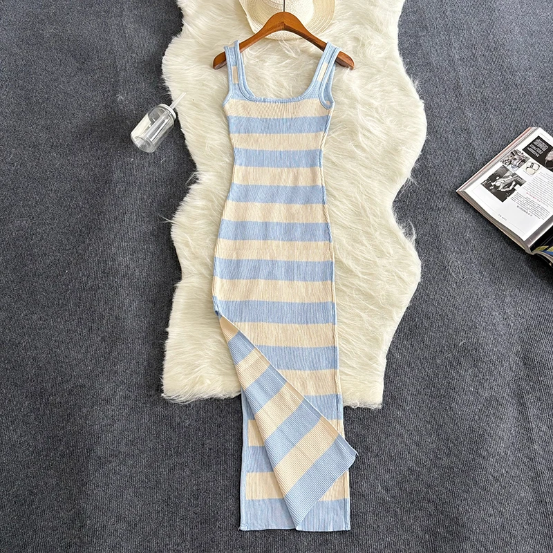 Slim-Fit Striped Summer Dress with Slit