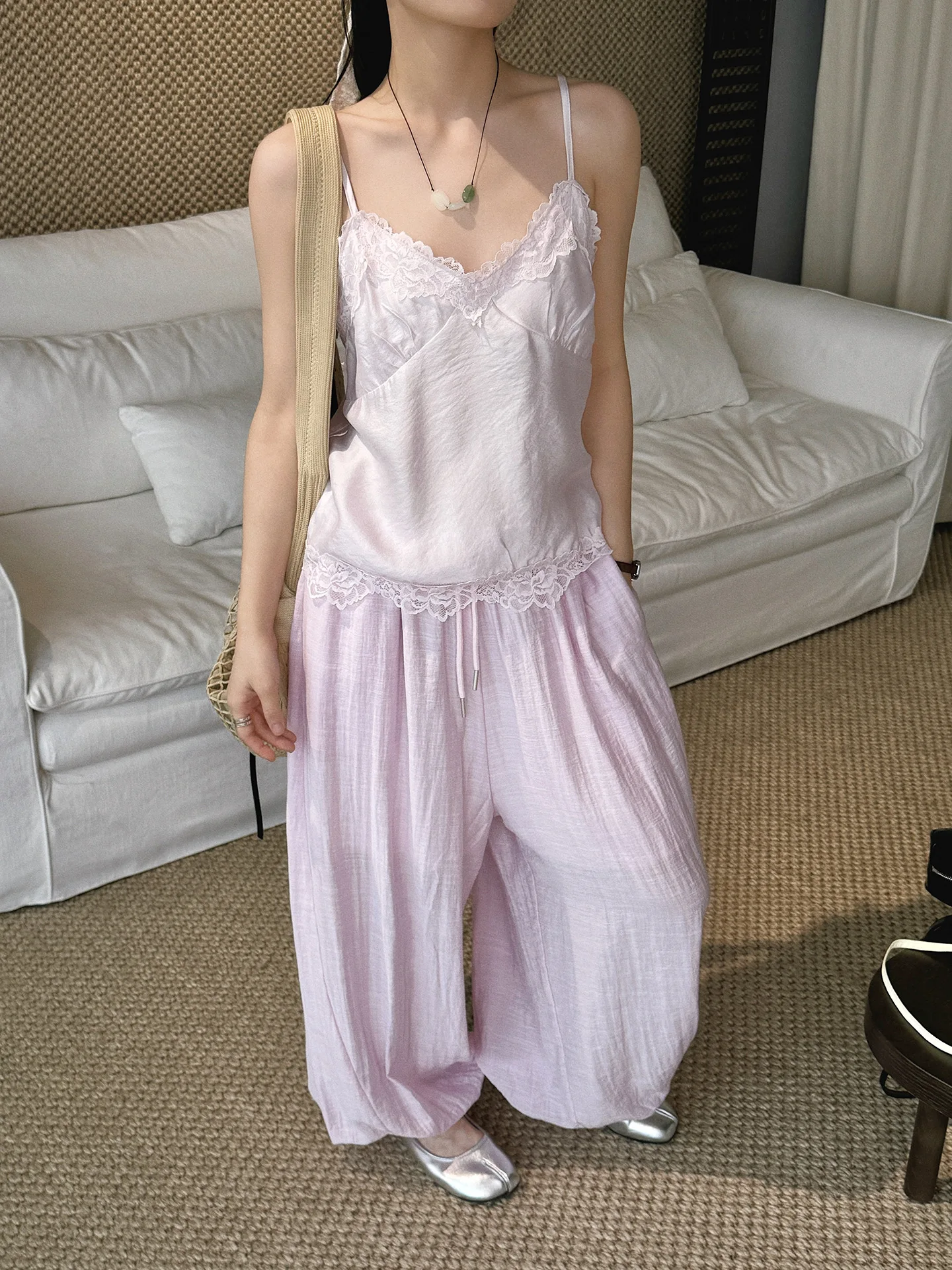 Ankle-Length High Waist Wide-Leg Pants with Tie