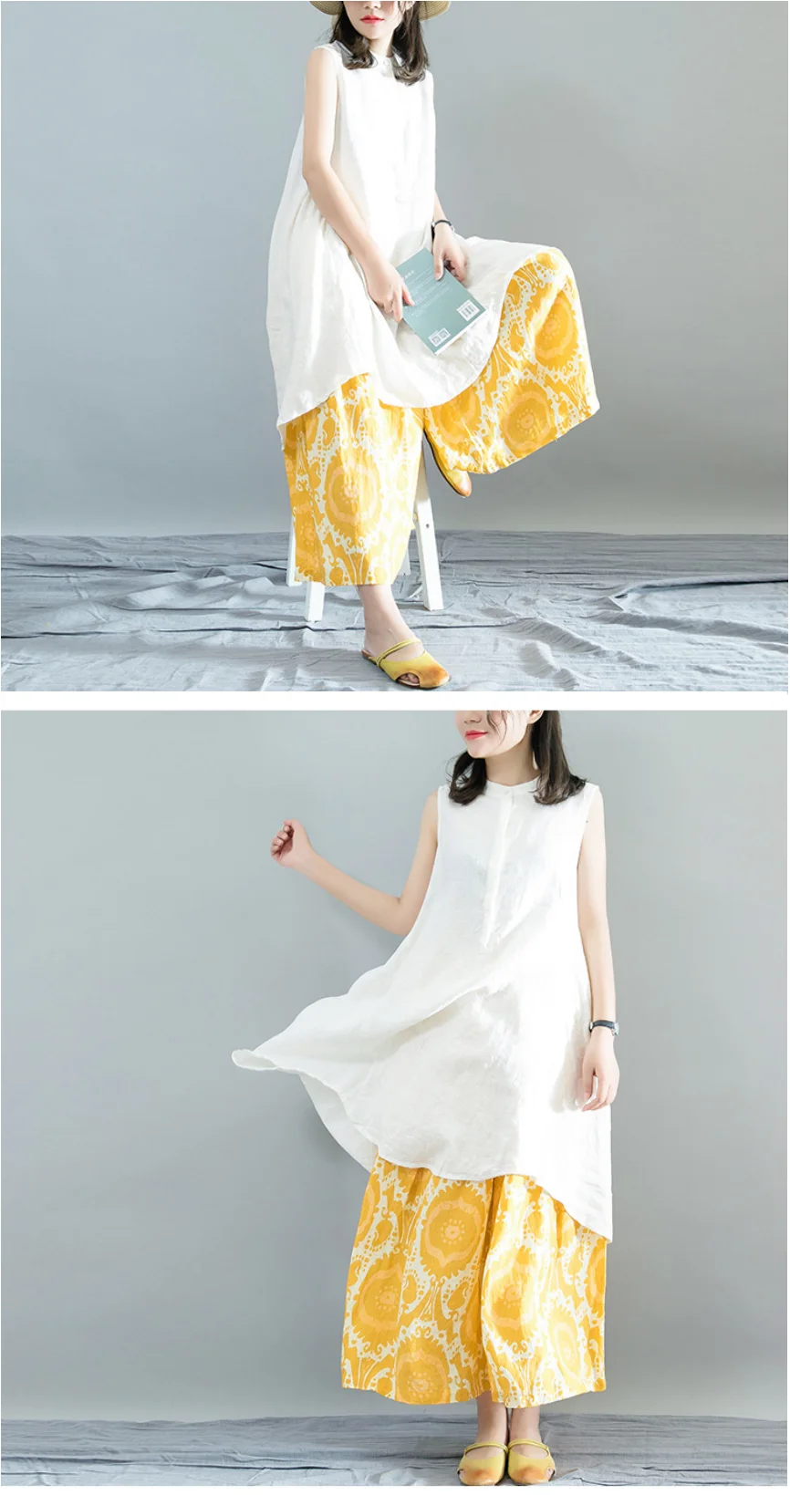 Ankle-Length Printed Wide-Leg Pants with Elastic Waist