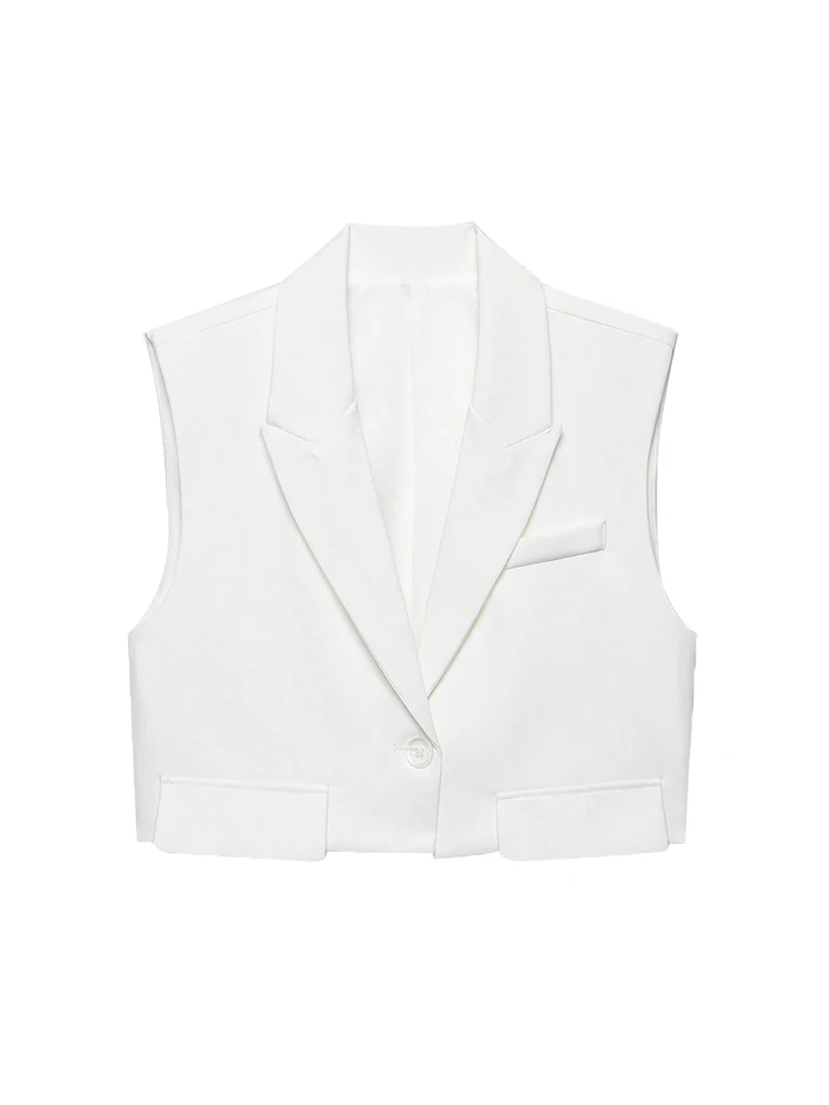 Cropped Sleeveless One-Button Vest with Turn-Down Collar