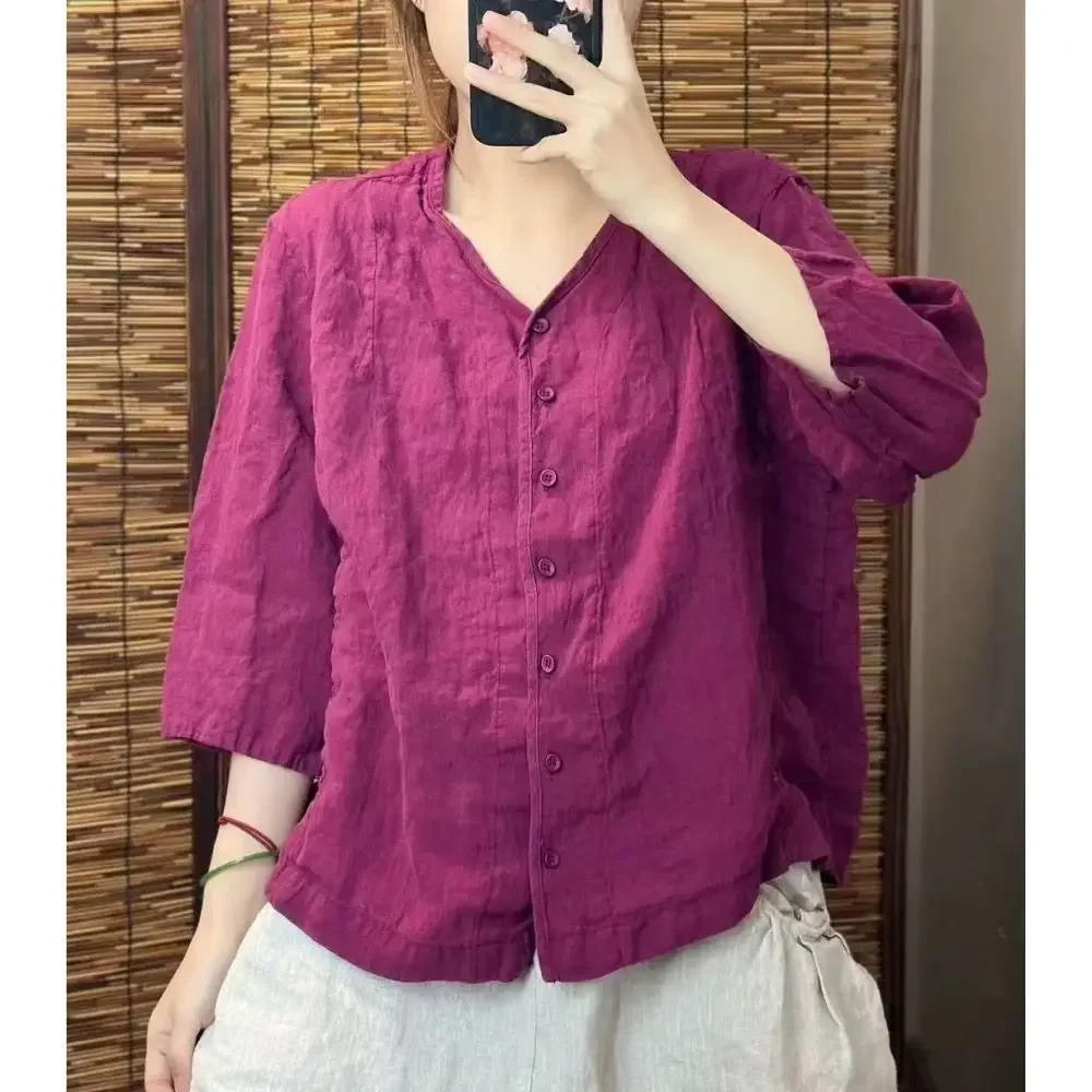 Casual Loose V-Neck Shirt with Buttons — Image 15