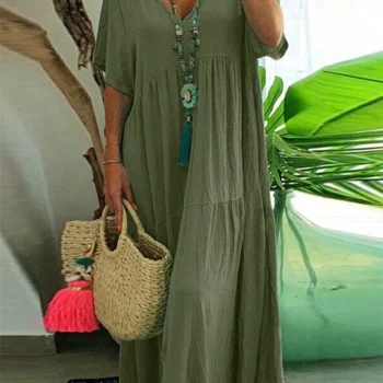 Solid Short Sleeve Pleated Summer Dress