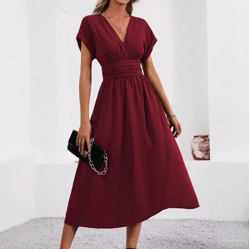 Solid V-Neck Summer Dress