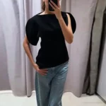 قميص أسود بأكمام منفوشة قصيرة — صورة 4