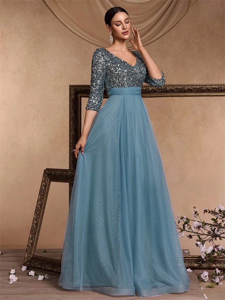 Three-Quarter Sleeve Evening Dress with Sequin Bodice and Tulle Skirt