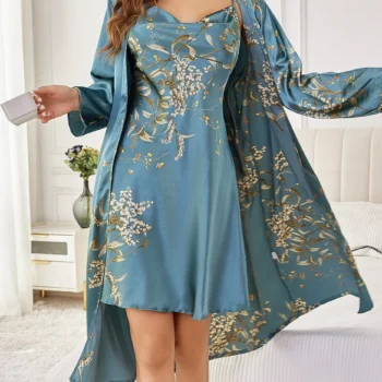 Knee-Length Floral Robe and Nightgown Set