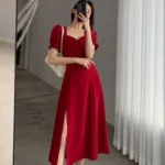 V-Neck Dress with Short Puff Sleeves — Image 5