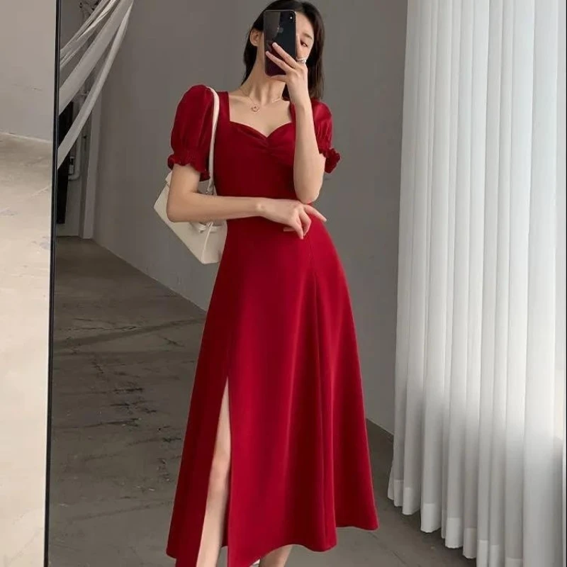 V-Neck Dress with Short Puff Sleeves